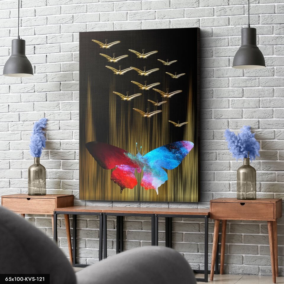 Gold Kelebekler Kanvas - Canvas Tablo 40 x 30 CM - Çok Renkli