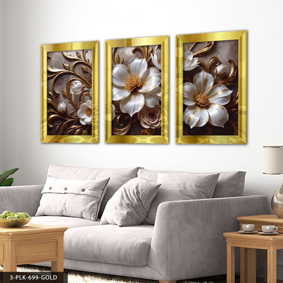 Gold Detaylı Beyaz Çiçek 3 Parça Pleksi Aynalı Tablo 30 x 40 CM - Gold