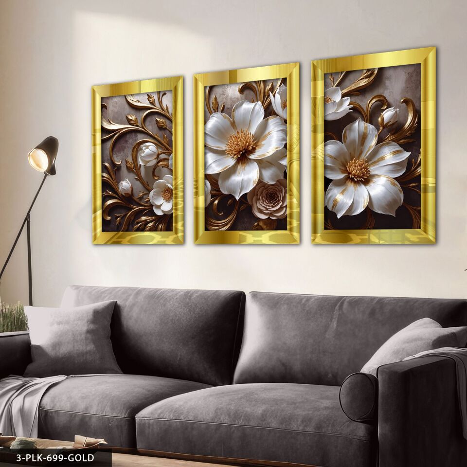 Gold Detaylı Beyaz Çiçek 3 Parça Pleksi Aynalı Tablo 30 x 40 CM - Gold