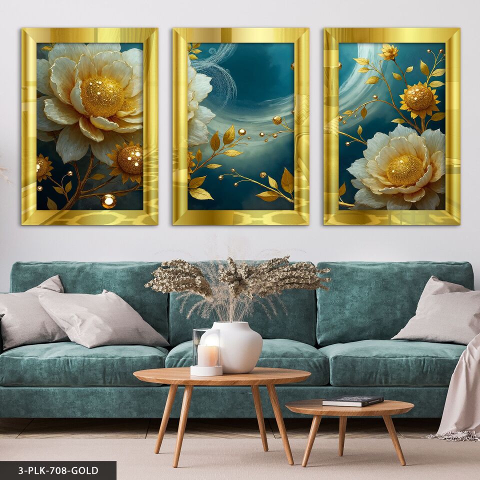 Gold Yapraklı Çiçek 3 Parça Pleksi Aynalı Tablo