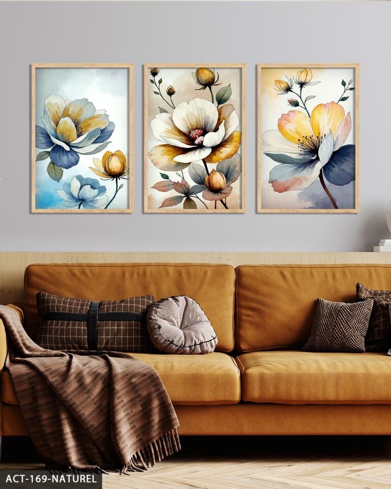 Sulu Boya Görünümlü Çiçekler 3 Parça Ahşap Çerçeveli Tablo ACT Naturel - 20 x 30 CM