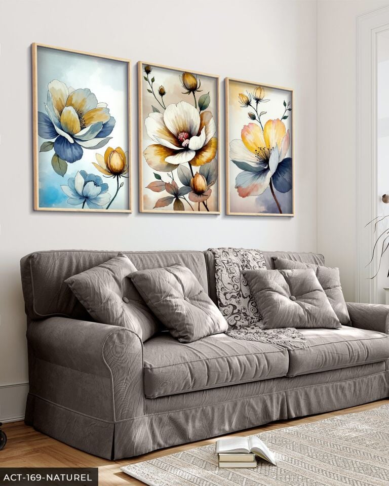 Sulu Boya Görünümlü Çiçekler 3 Parça Ahşap Çerçeveli Tablo ACT Naturel - 20 x 30 CM