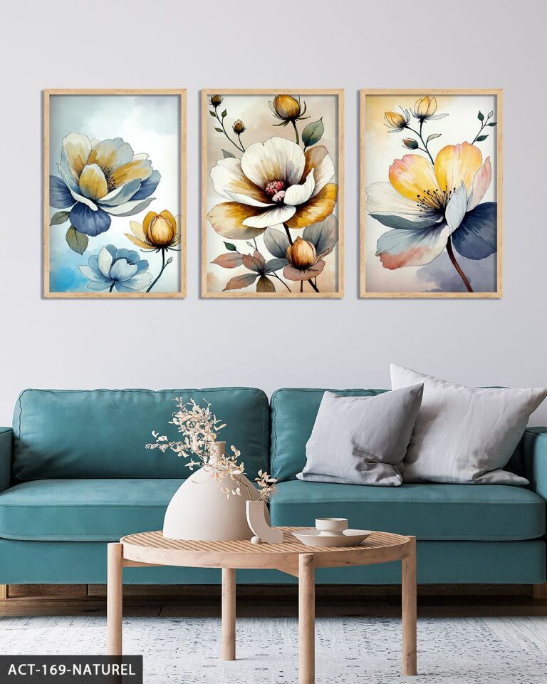 Sulu Boya Görünümlü Çiçekler 3 Parça Ahşap Çerçeveli Tablo ACT Naturel - 20 x 30 CM