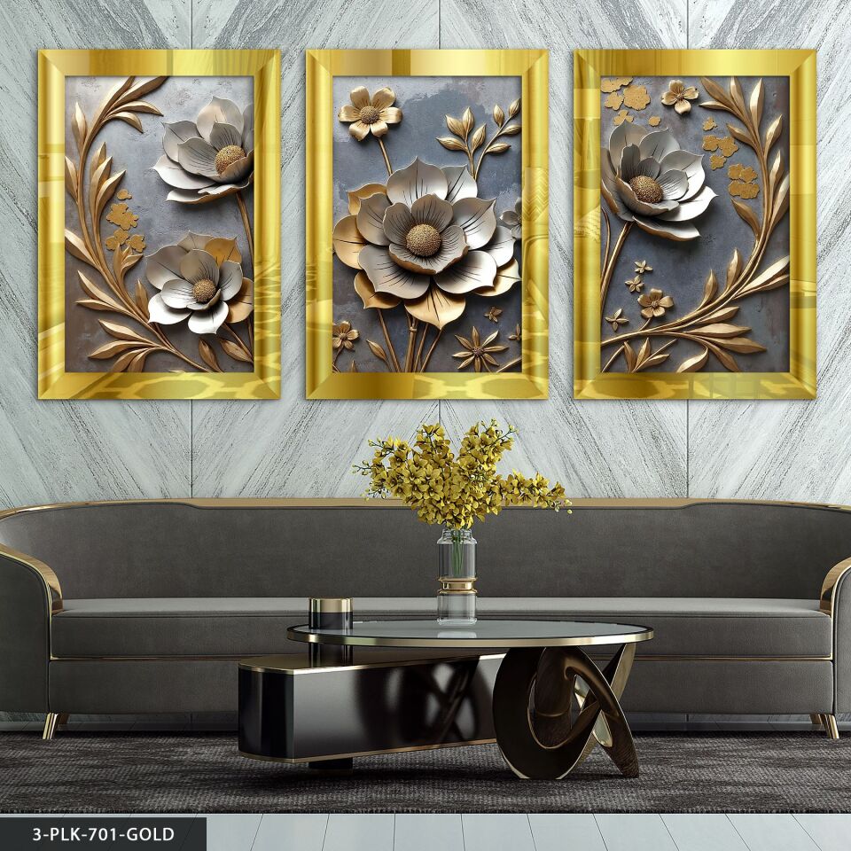 Gold Yapraklı Çiçek 3 Parça Pleksi Aynalı Tablo 20 x 30 CM - Gold