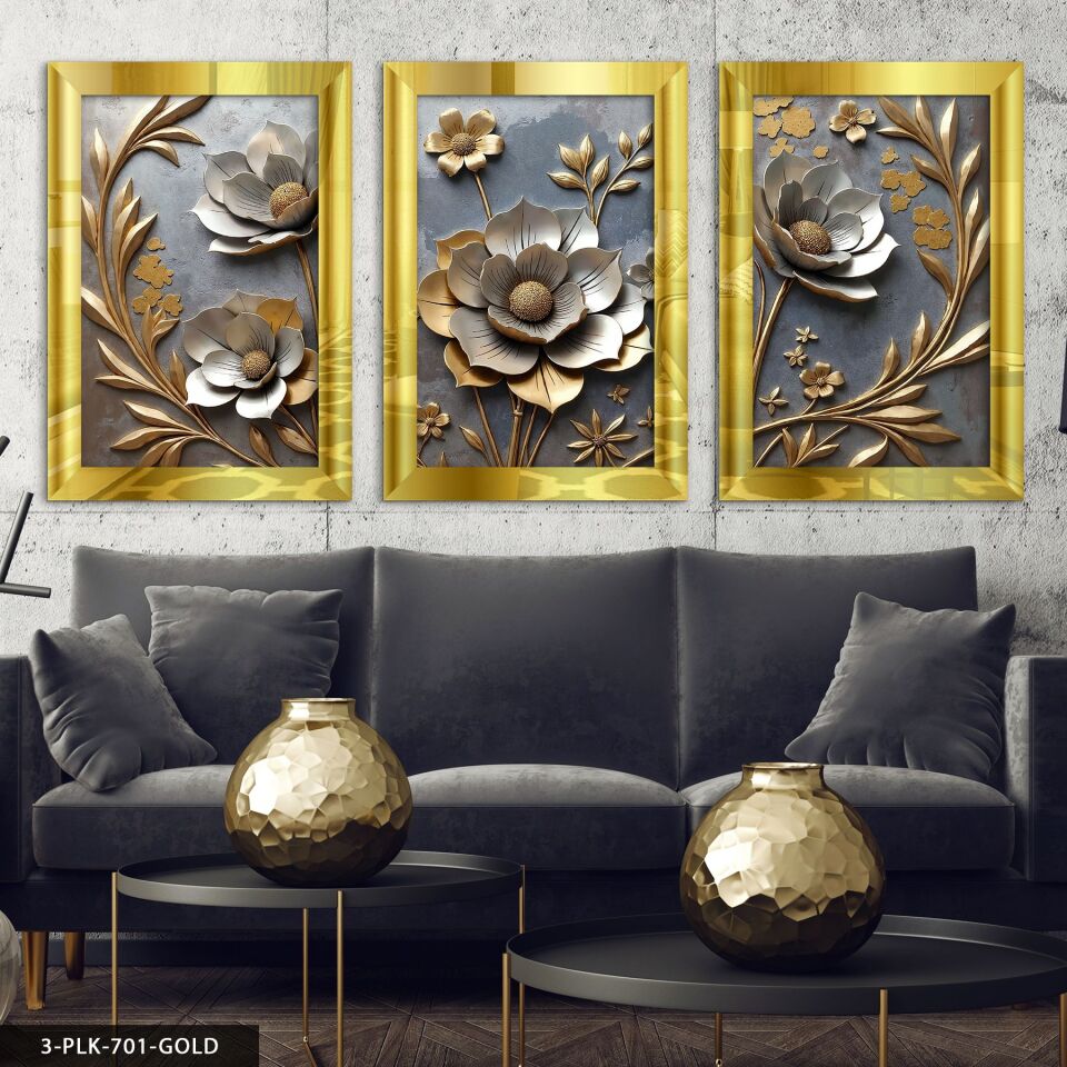 Gold Yapraklı Çiçek 3 Parça Pleksi Aynalı Tablo 20 x 30 CM - Gold