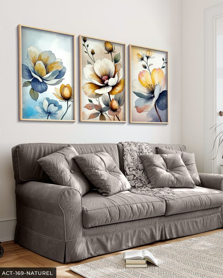 Sulu Boya Görünümlü Çiçekler 3 Parça Ahşap Çerçeveli Tablo ACT Naturel - 30 x 40 CM