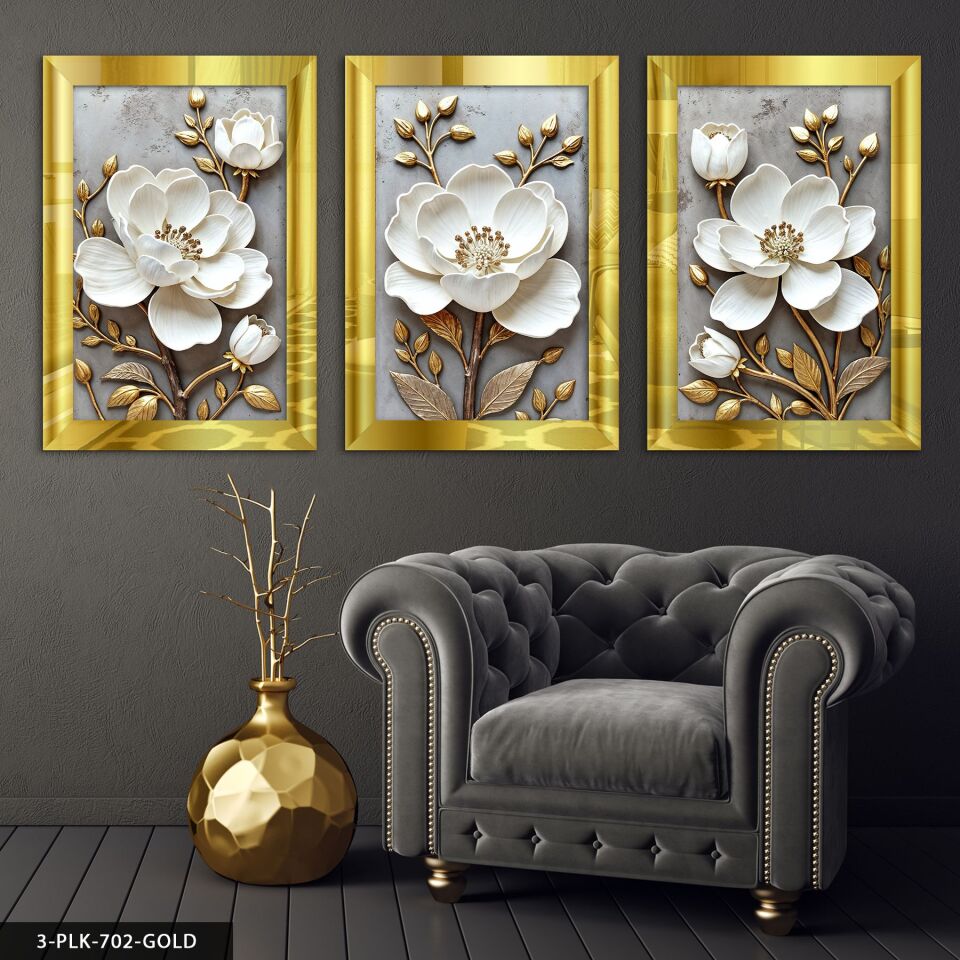 Gold Yapraklı Beyaz Çiçek 3 Parça Pleksi Aynalı Tablo 20 x 30 CM - Gold