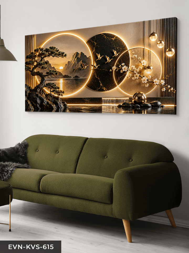 Yuvarlak Desenler ve Manzara Tek Parça Işıksız Kanvas - Canvas Tablo