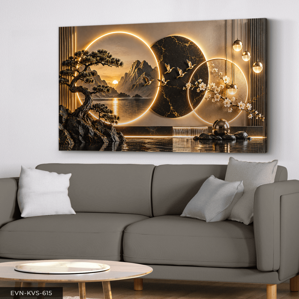 Yuvarlak Desenler ve Manzara Tek Parça Işıksız Kanvas - Canvas Tablo