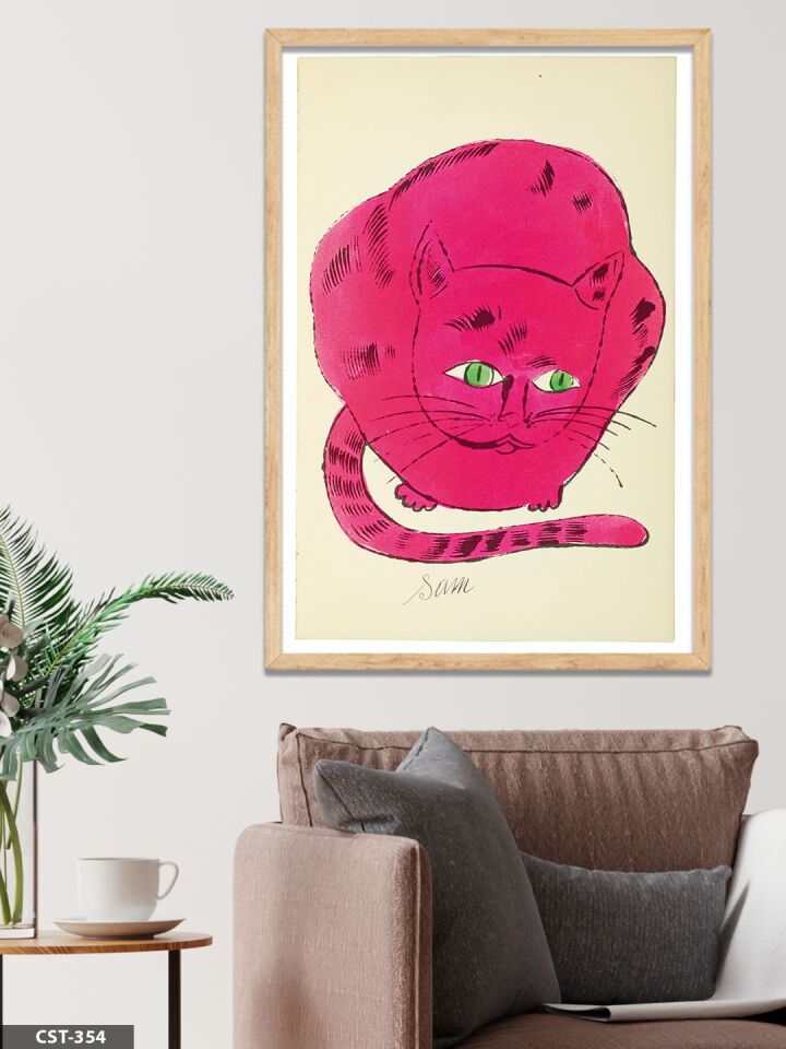 Pembe Kedi Tek Parça Ahşap Çerçeveli Tablo Naturel - 30 x 40 CM