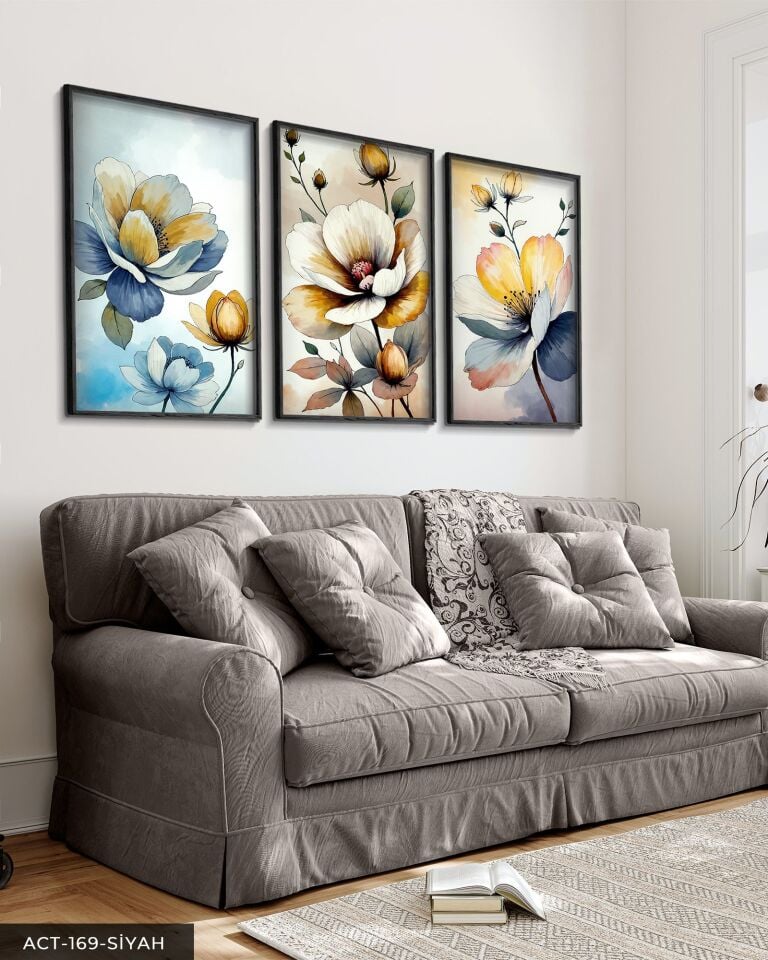 Sulu Boya Görünümlü Çiçekler 3 Parça Ahşap Çerçeveli Tablo ACT Siyah - 20 x 30 CM