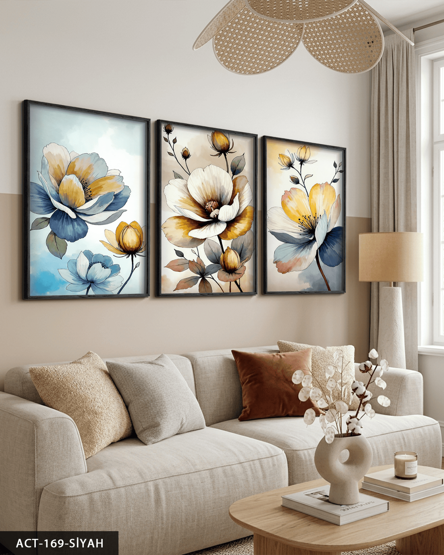 Sulu Boya Görünümlü Çiçekler 3 Parça Ahşap Çerçeveli Tablo ACT Siyah - 20 x 30 CM