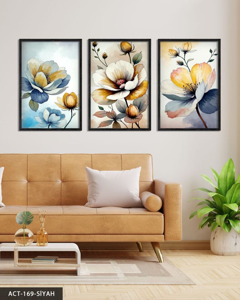 Sulu Boya Görünümlü Çiçekler 3 Parça Ahşap Çerçeveli Tablo ACT Siyah - 30 x 40 CM