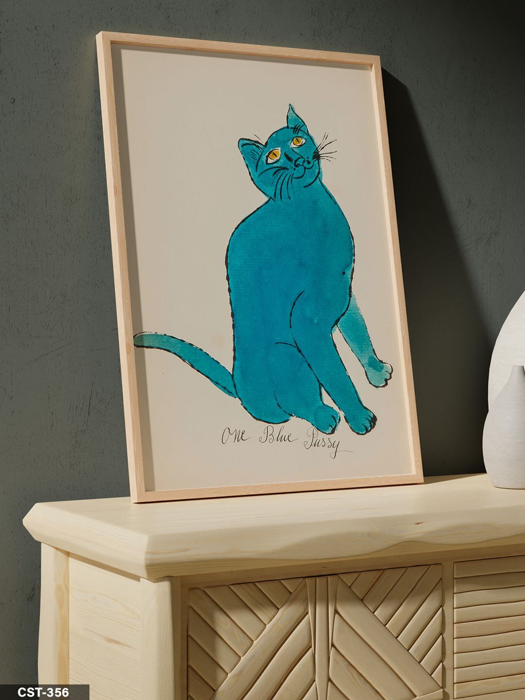 Mavi Kedi Tek Parça Ahşap Çerçeveli Tablo Naturel - 30 x 40 CM