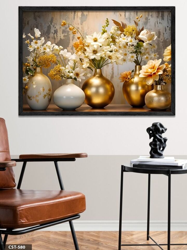 Gold Vazoda Çiçekler Tek Parça Ahşap Çerçeveli Tablo Siyah - 20 x 30 CM