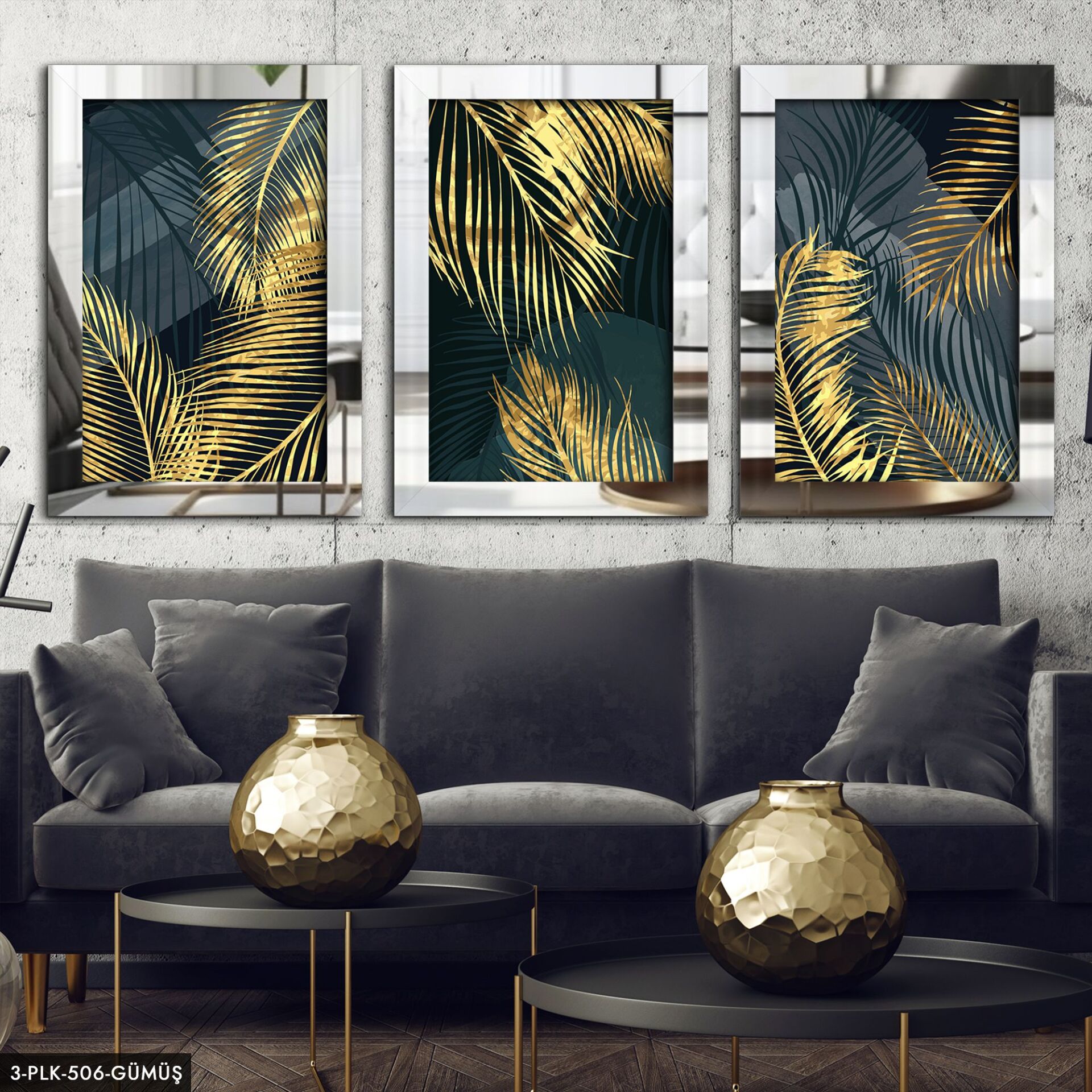 Yaprak 3 Parça Pleksi Aynalı Tablo 40 x 60 CM - Gümüş