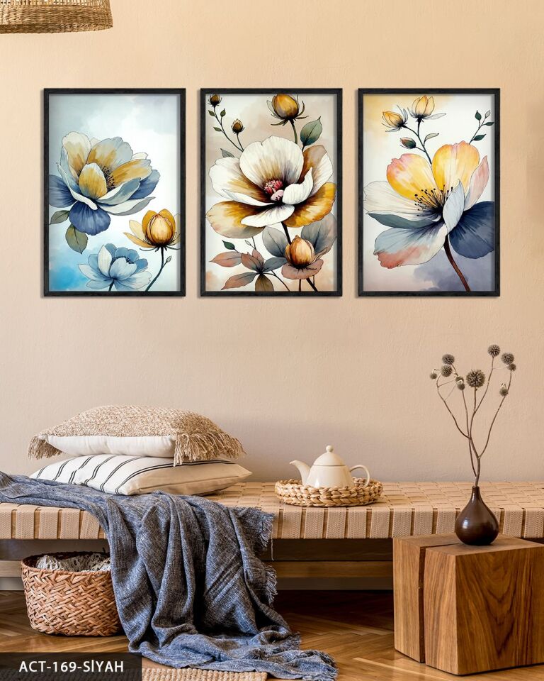 Sulu Boya Görünümlü Çiçekler 3 Parça Ahşap Çerçeveli Tablo ACT Siyah - 40 x 60 CM