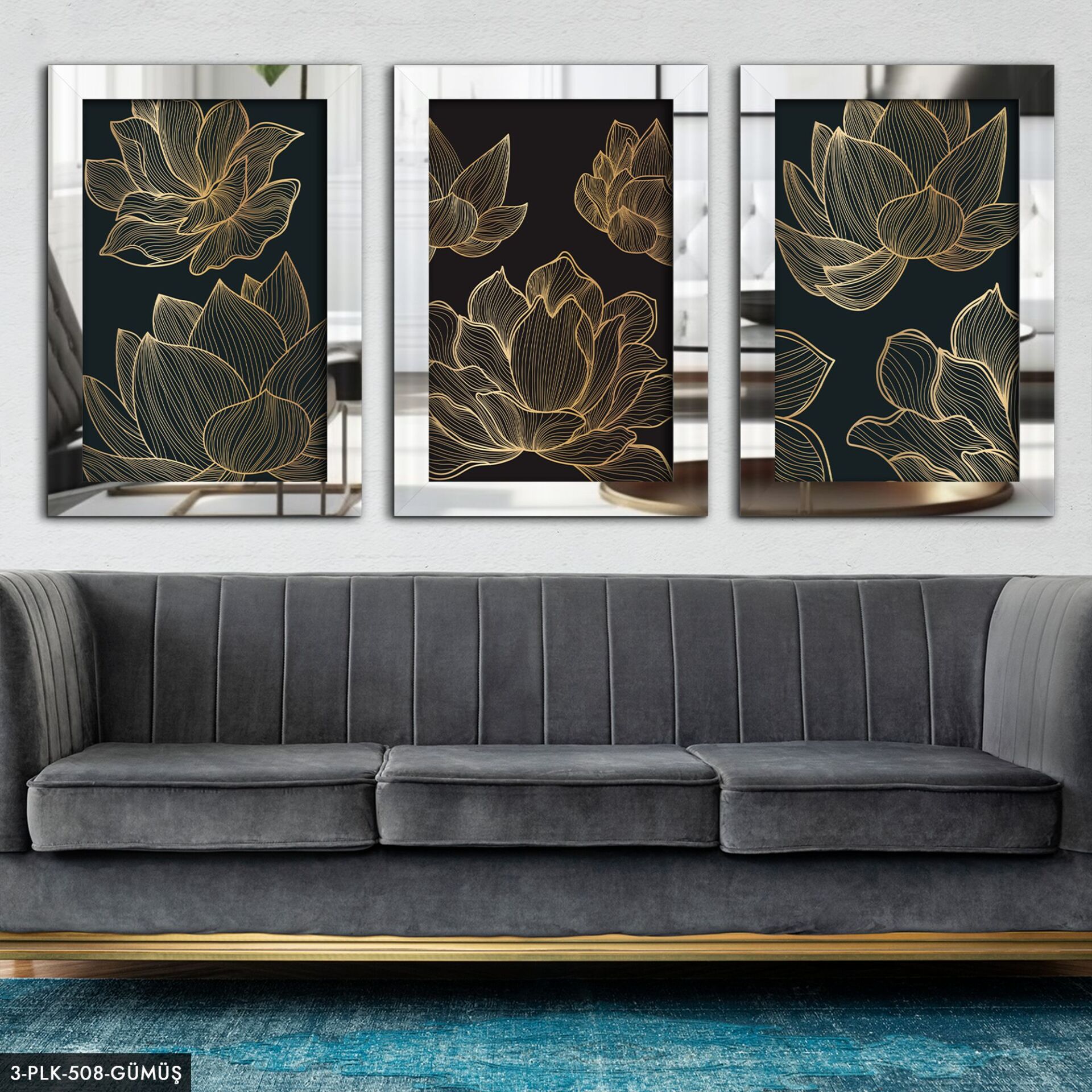 Çiçek 3 Parça Pleksi Aynalı Tablo 40 x 60 CM - Gümüş