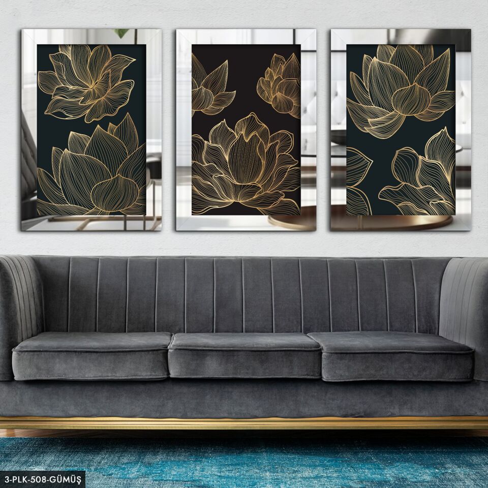 Çiçek 3 Parça Pleksi Aynalı Tablo 40 x 60 CM - Gümüş