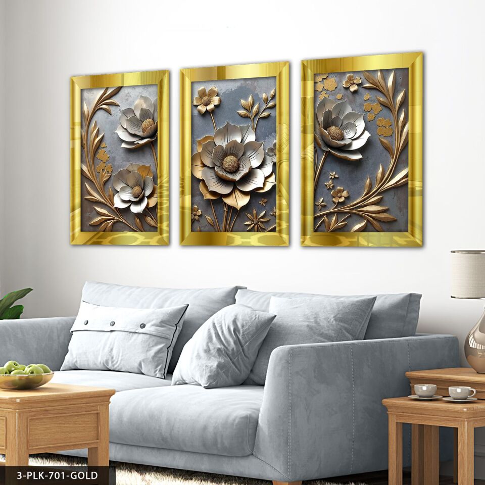 Gold Yapraklı Çiçek 3 Parça Pleksi Aynalı Tablo 30 x 40 CM - Gold