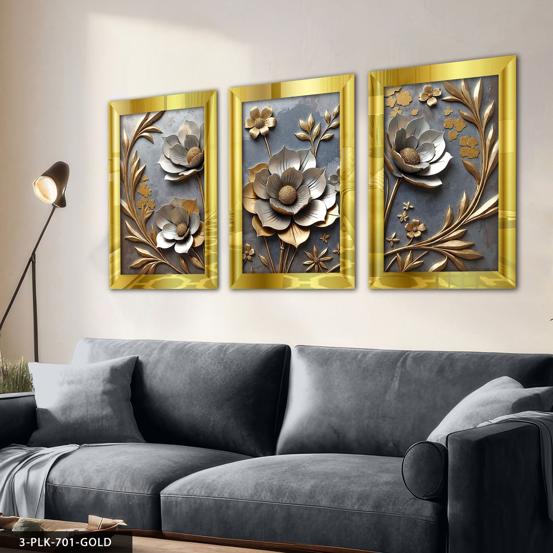 Gold Yapraklı Çiçek 3 Parça Pleksi Aynalı Tablo 30 x 40 CM - Gold