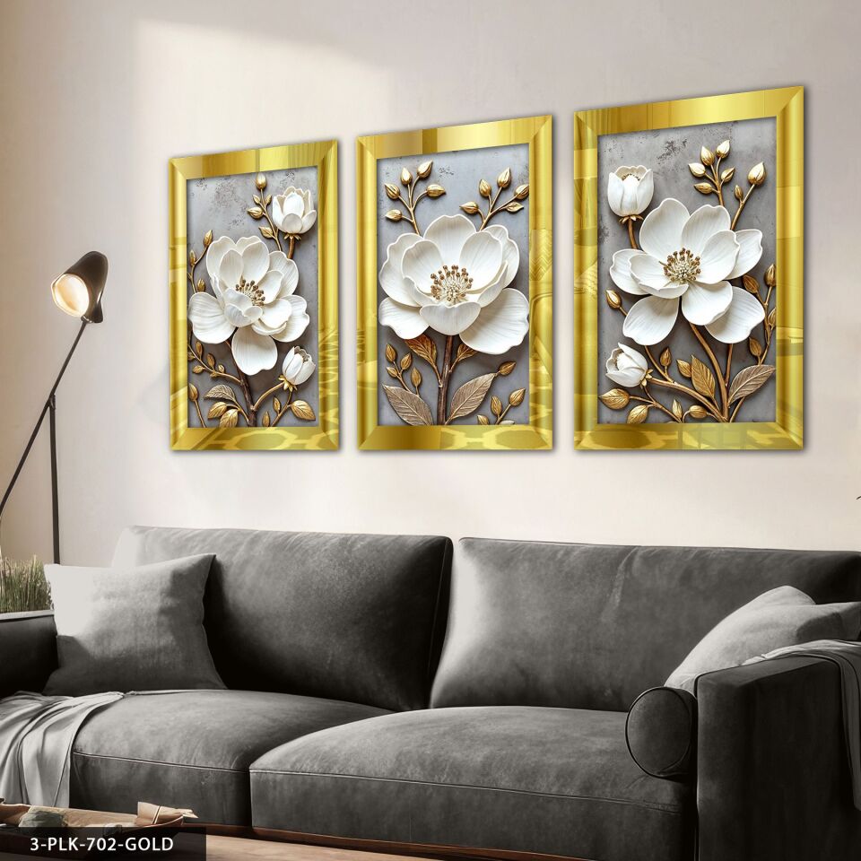 Gold Yapraklı Beyaz Çiçek 3 Parça Pleksi Aynalı Tablo 30 x 40 CM - Gold