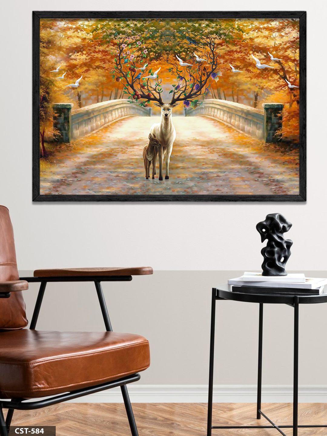 Geyik Çiçekler Tek Parça Ahşap Çerçeveli Tablo Siyah - 20 x 30 CM