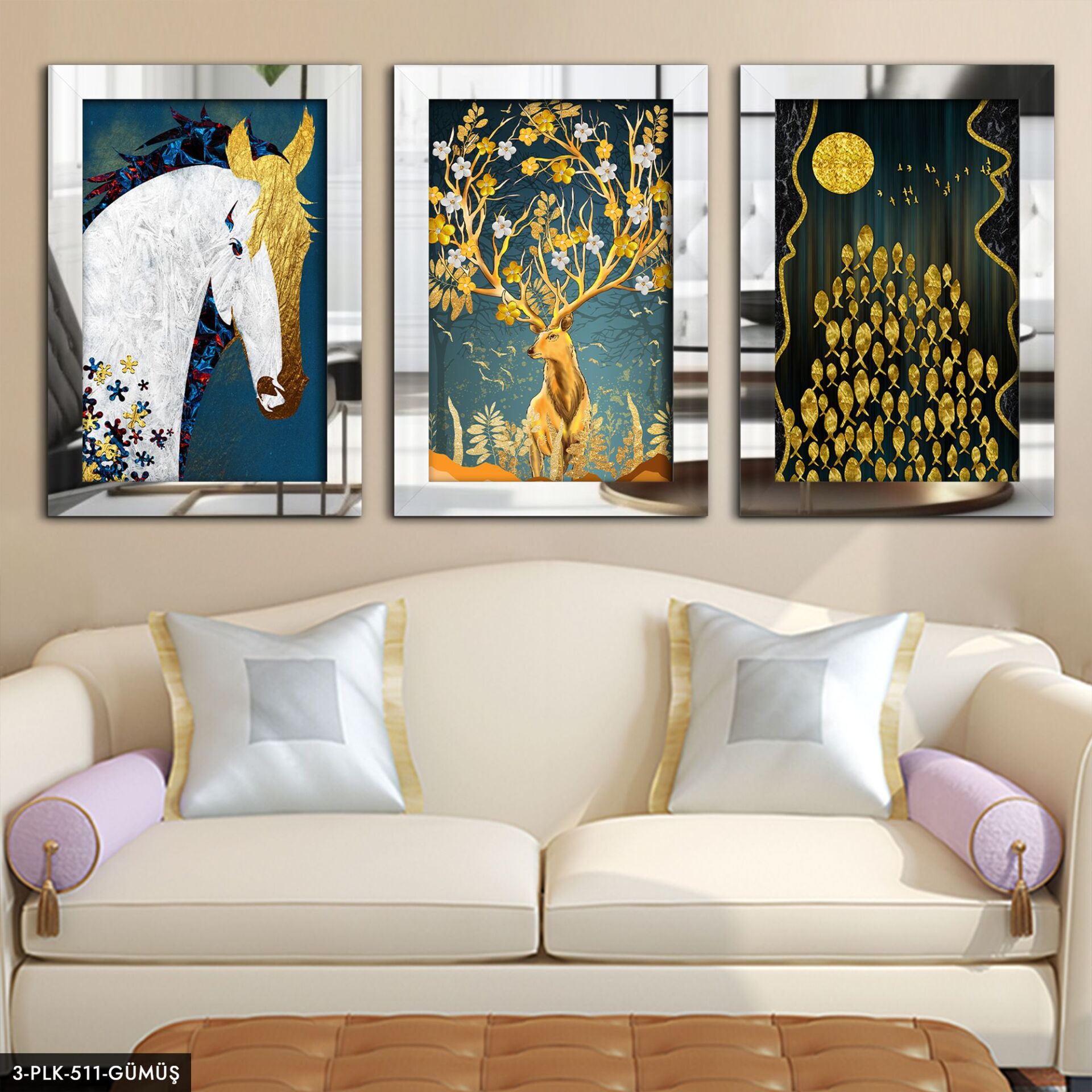 Altın At Balık Kelebek 3 Parça Pleksi Aynalı Tablo 40 x 60 CM - Gümüş