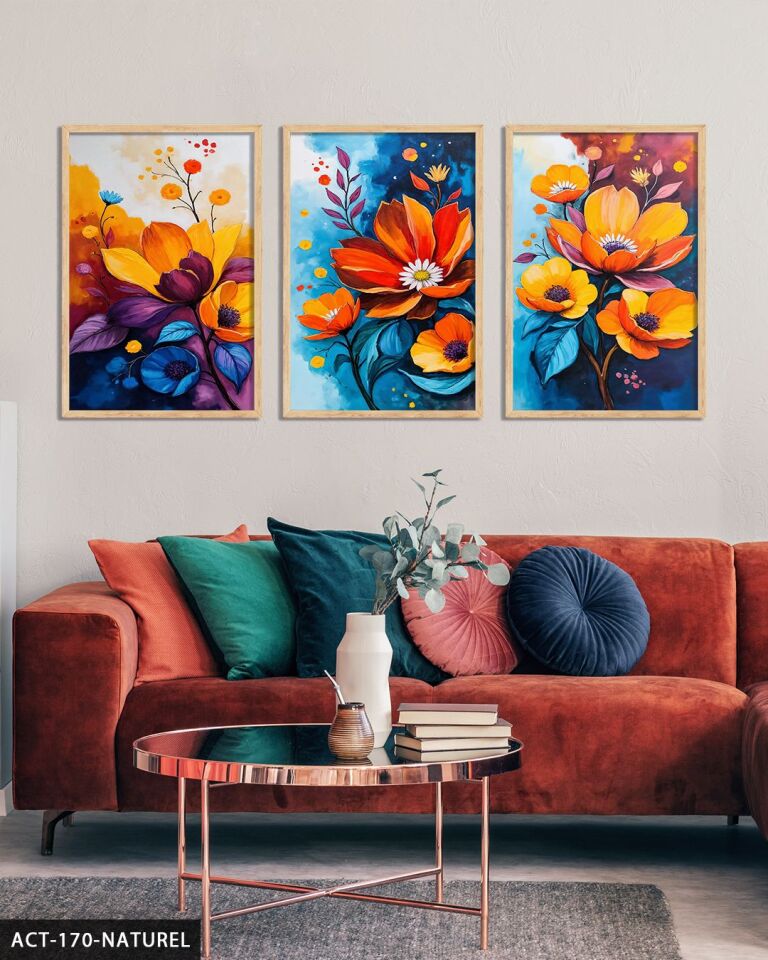 Renkli Çiçekler 3 Parça Ahşap Çerçeveli Tablo ACT Naturel - 30 x 40 CM