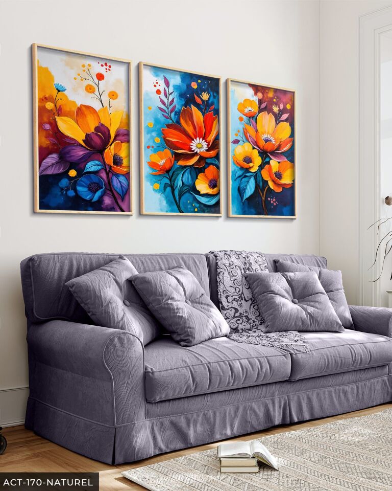 Renkli Çiçekler 3 Parça Ahşap Çerçeveli Tablo ACT Naturel - 30 x 40 CM