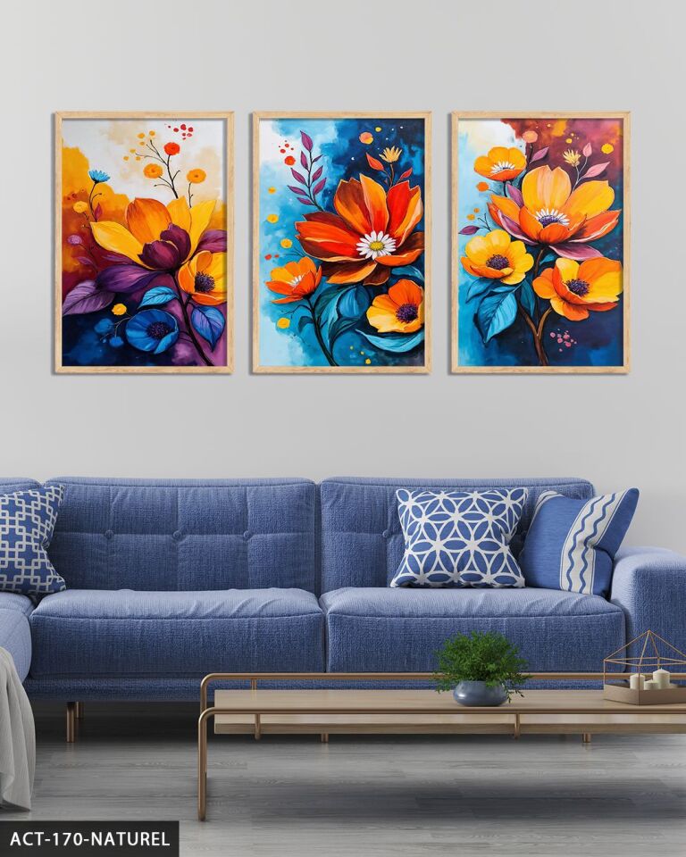 Renkli Çiçekler 3 Parça Ahşap Çerçeveli Tablo ACT Naturel - 30 x 40 CM