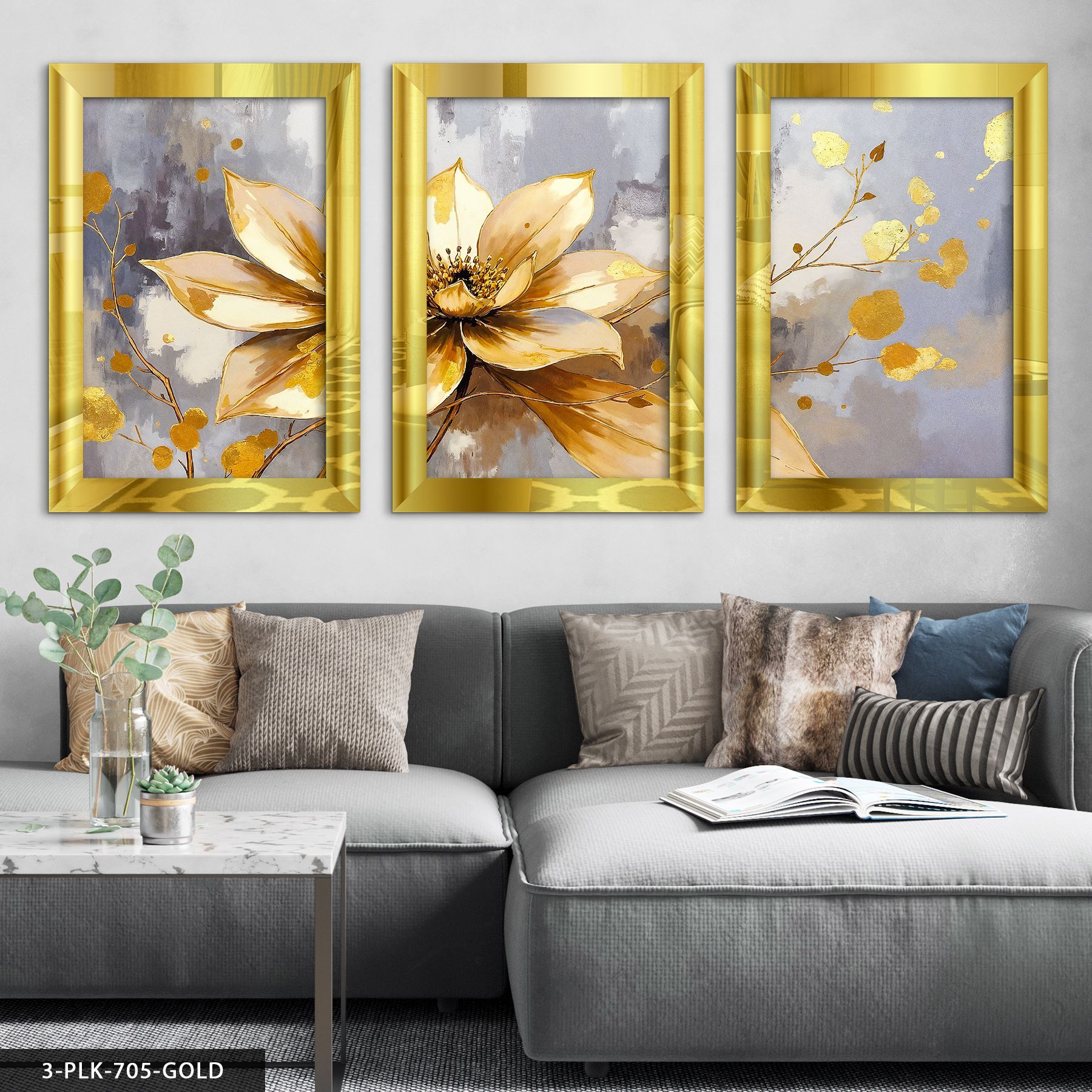 Yağlı Boya Görünümlü Gold Çiçek 3 Parça Pleksi Aynalı Tablo 30 x 40 CM - Gold