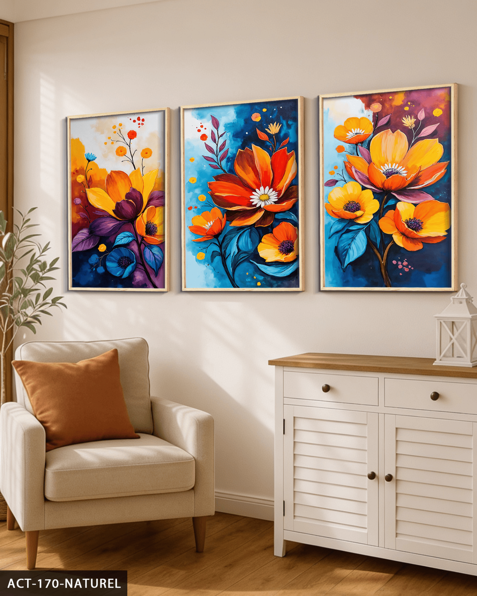 Renkli Çiçekler 3 Parça Ahşap Çerçeveli Tablo ACT Naturel - 50 x 70 CM
