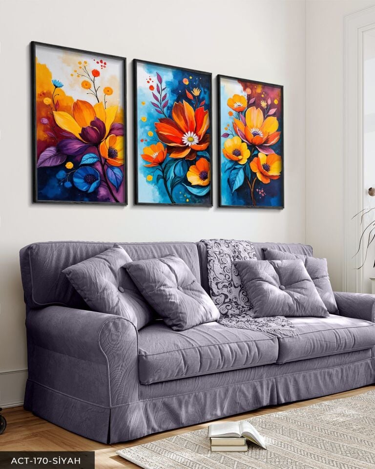 Renkli Çiçekler 3 Parça Ahşap Çerçeveli Tablo ACT Siyah - 20 x 30 CM