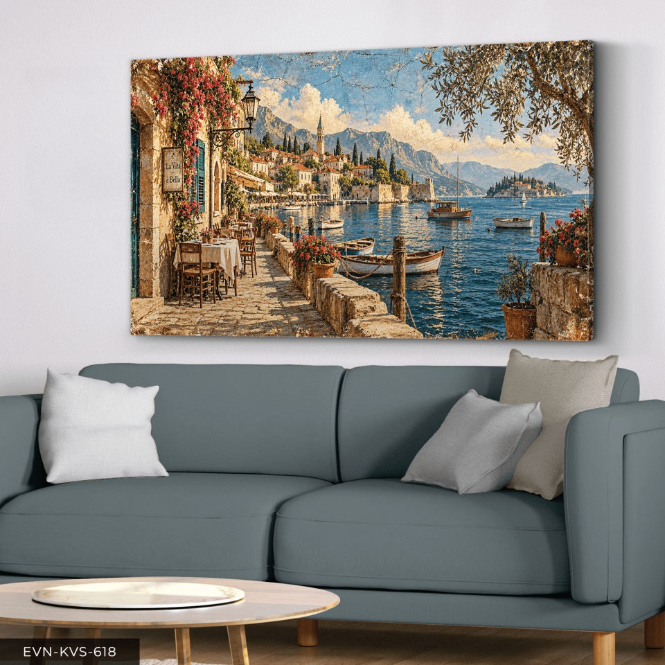 Taş Evler ve Deniz Tek Parça Kanvas - Canvas Tablo