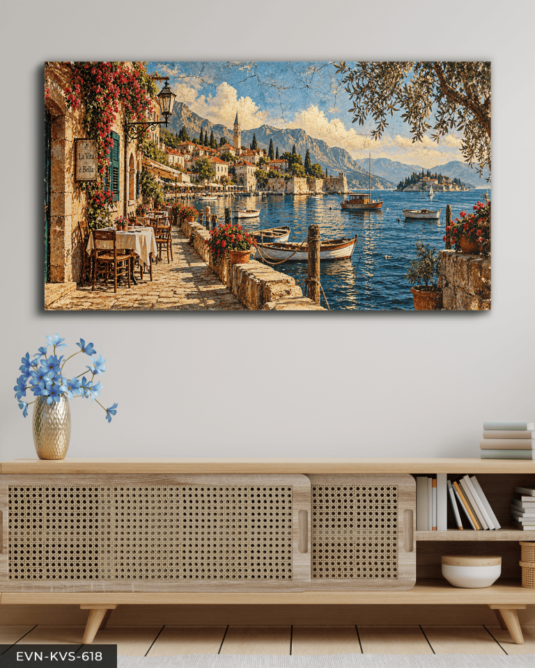 Taş Evler ve Deniz Tek Parça Kanvas - Canvas Tablo