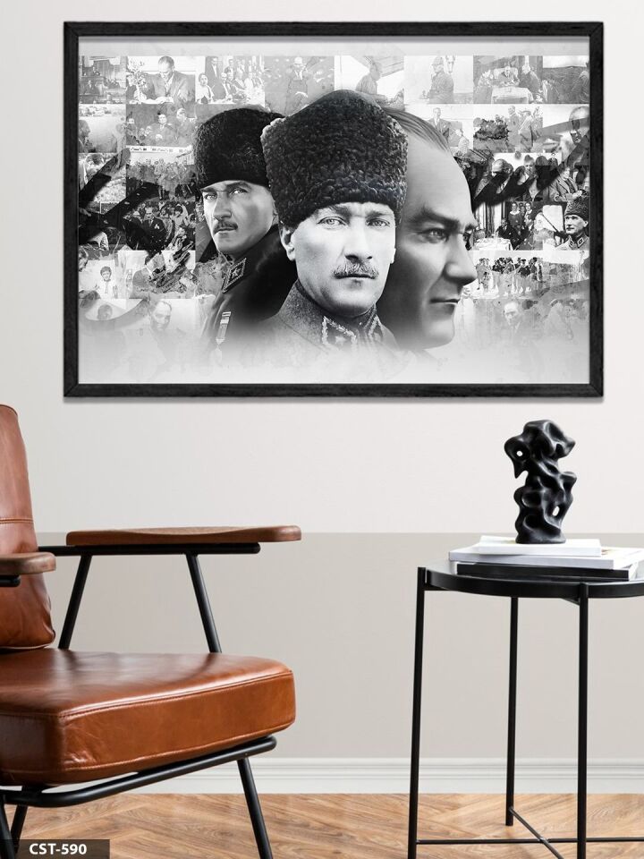 Mustafa Kemal Atatürk Tek Parça Ahşap Çerçeveli Tablo Siyah - 20 x 30 CM