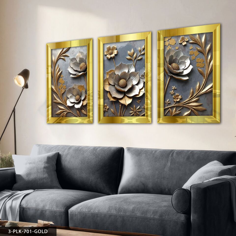Gold Yapraklı Çiçek 3 Parça Pleksi Aynalı Tablo 40 x 60 CM - Gold