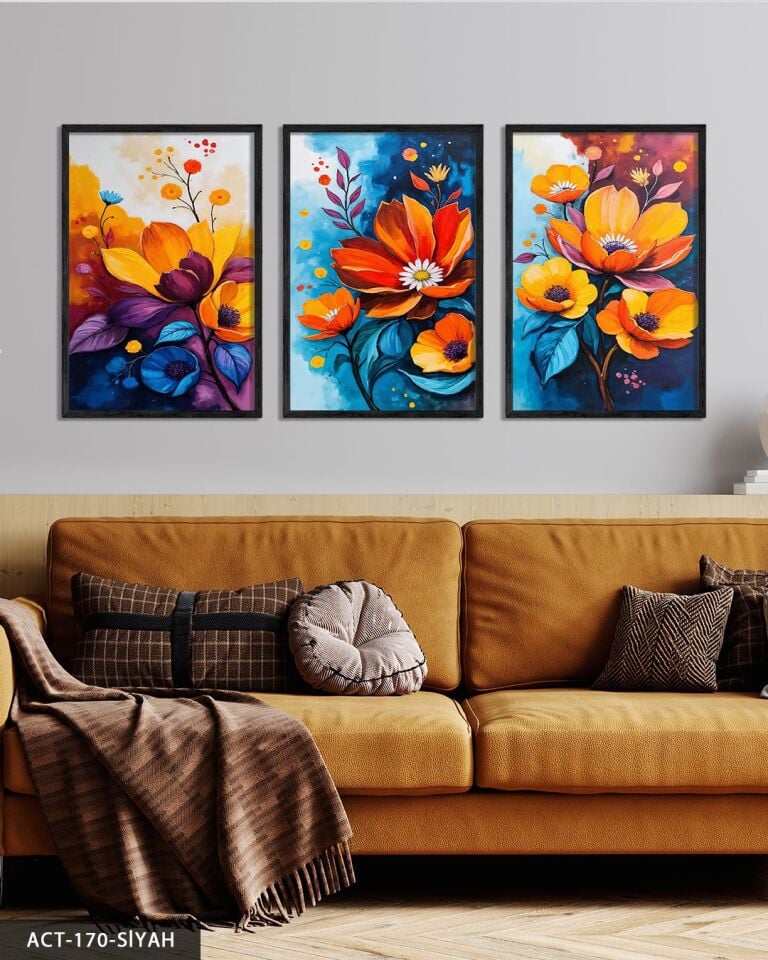 Renkli Çiçekler 3 Parça Ahşap Çerçeveli Tablo ACT Siyah - 40 x 60 CM