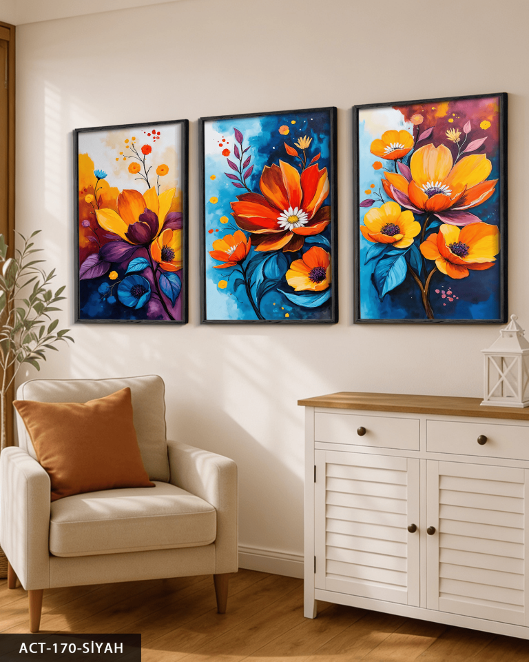 Renkli Çiçekler 3 Parça Ahşap Çerçeveli Tablo ACT Siyah - 40 x 60 CM