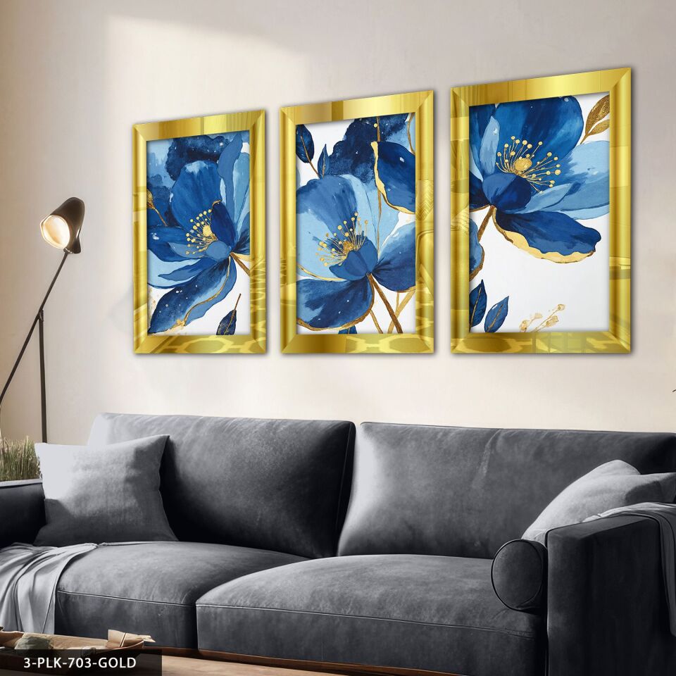 Gold Detaylı Mavi Çiçek 3 Parça Pleksi Aynalı Tablo 40 x 60 CM - Gold