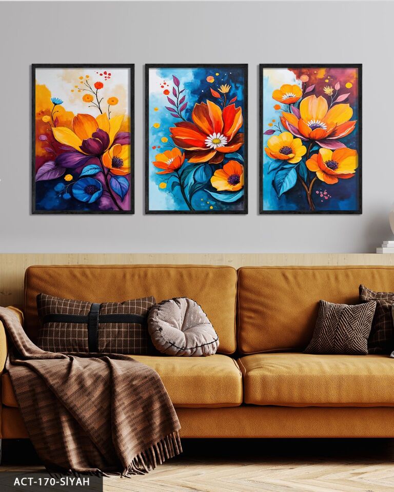 Renkli Çiçekler 3 Parça Ahşap Çerçeveli Tablo ACT Siyah - 50 x 70 CM