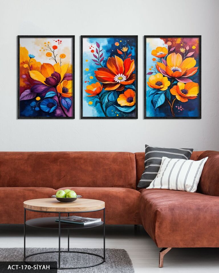 Renkli Çiçekler 3 Parça Ahşap Çerçeveli Tablo ACT Siyah - 50 x 70 CM