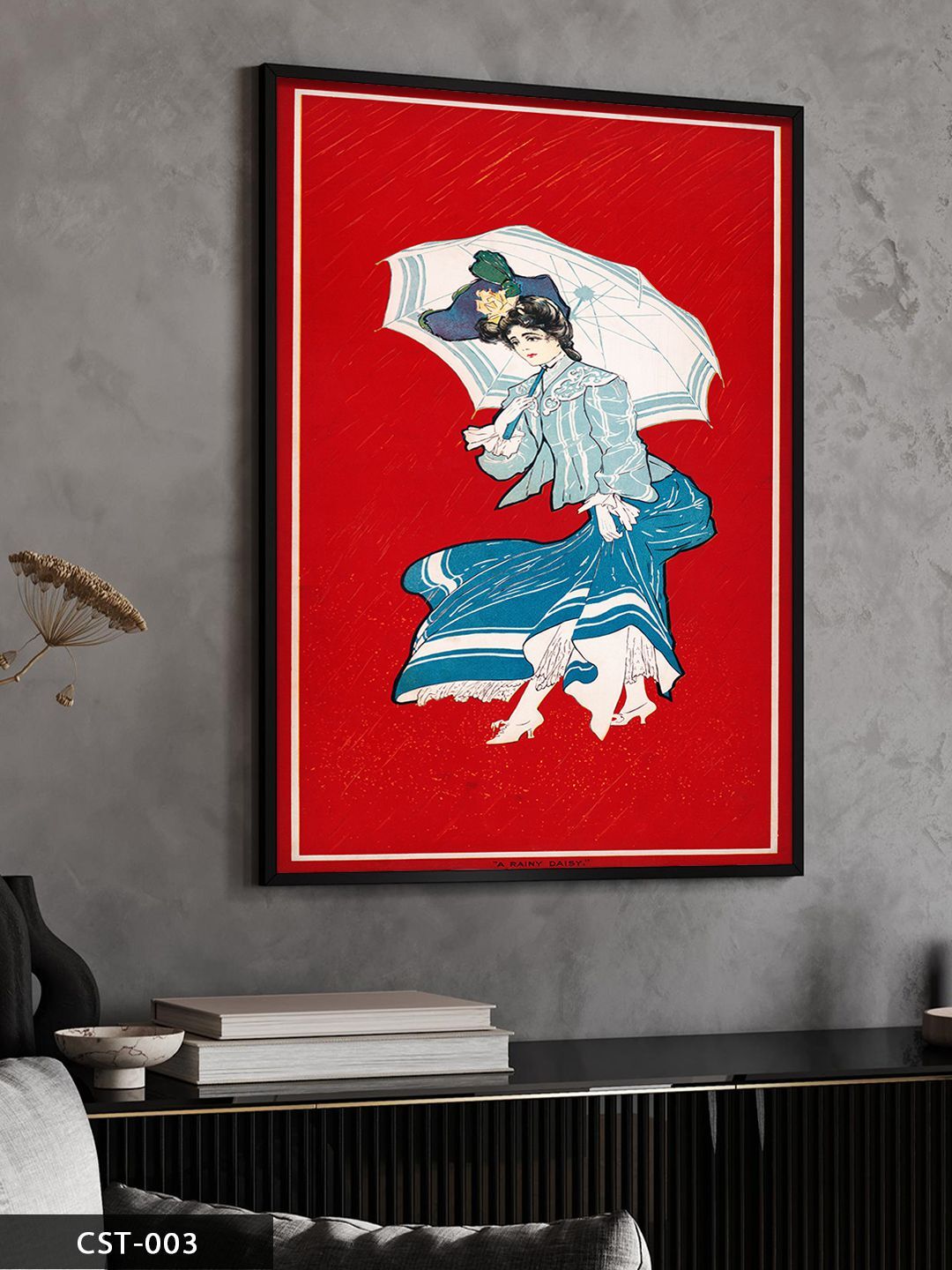 Şemşiyeli Kadın Tek Parça Ahşap Çerçeveli Tablo Siyah - 30 x 40 CM