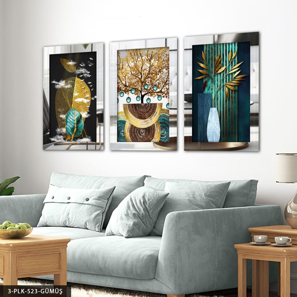 Soyut Doğa 3 Parça Pleksi Aynalı Tablo 40 x 60 CM - Gümüş