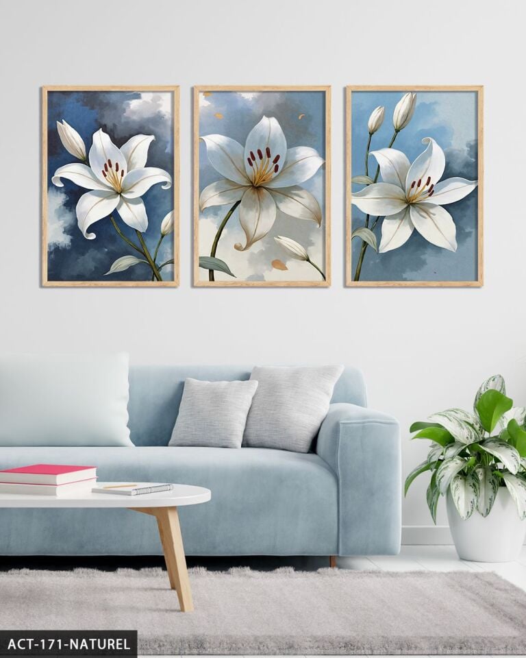 Beyaz Zambak 3 Parça Ahşap Çerçeveli Tablo ACT Naturel - 40 x 60 CM