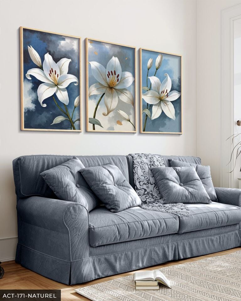 Beyaz Zambak 3 Parça Ahşap Çerçeveli Tablo ACT Naturel - 40 x 60 CM