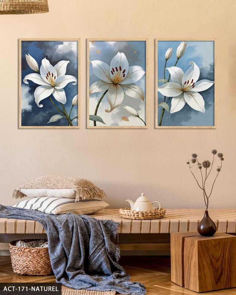 Beyaz Zambak 3 Parça Ahşap Çerçeveli Tablo ACT Naturel - 40 x 60 CM