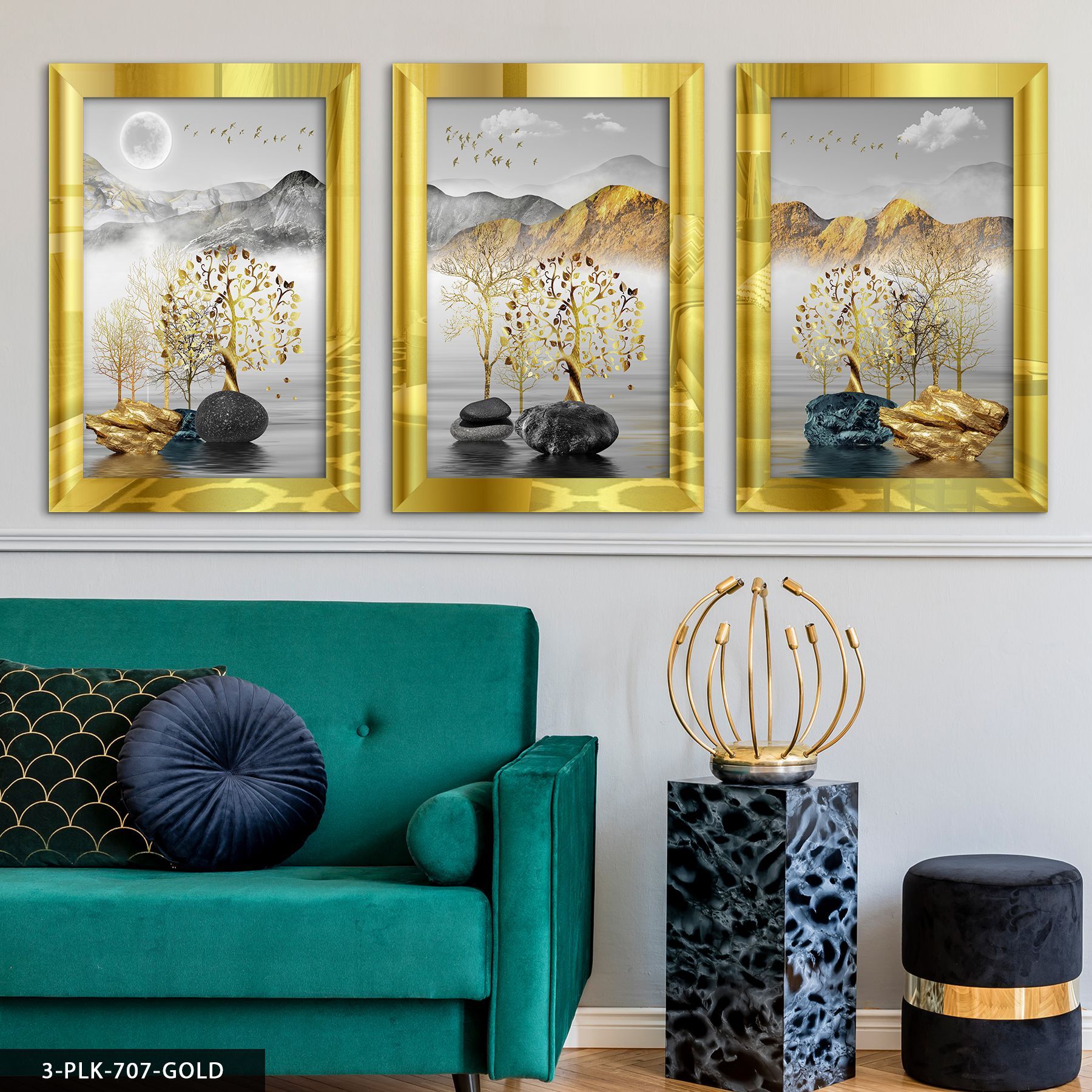 Gold Ağaçlar ve Dağlar 3 Parça Pleksi Aynalı Tablo 40 x 60 CM - Gold