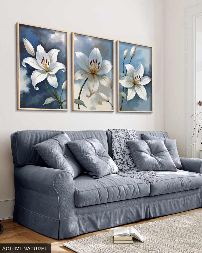 Beyaz Zambak 3 Parça Ahşap Çerçeveli Tablo ACT Naturel - 50 x 70 CM